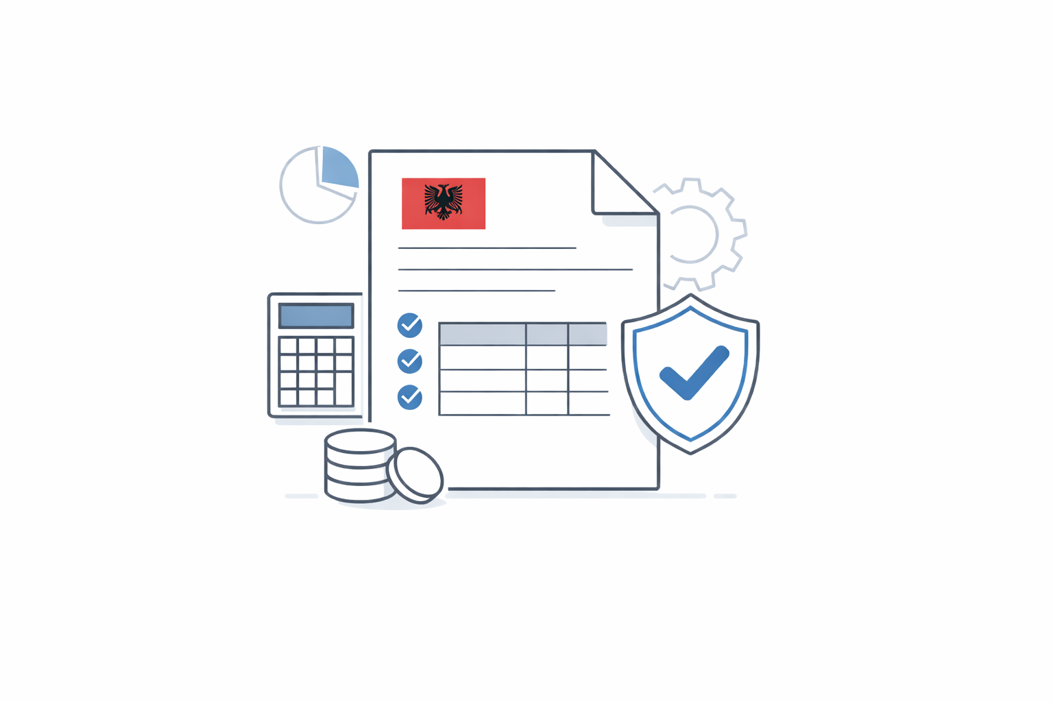 Illustratie van een Albanees belastingdocument met vlag, rekenmachine, muntstukken, checklist en een schild met vinkje, symbool voor loonheffingen en compliance in Albanië.