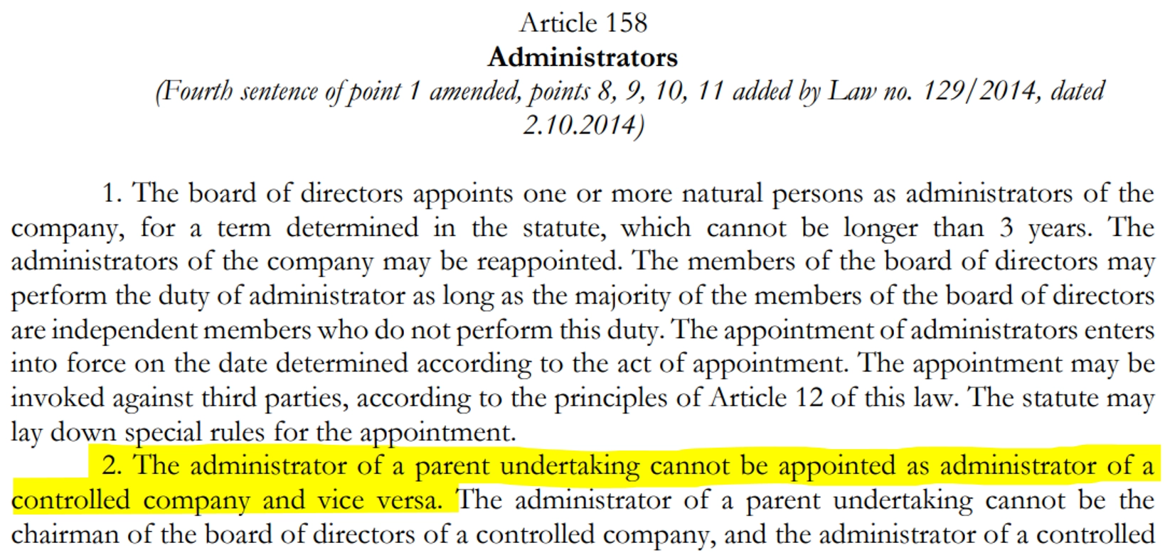 Uitsnede uit de Albanese Companies Law, artikel 158 over Administrators, met lid 2 geel gemarkeerd.